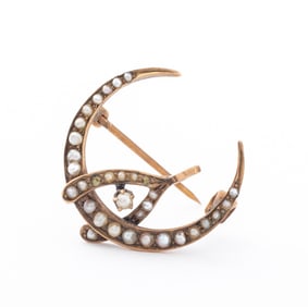 Victorian 10K Yellow Gold Seed Pearl Crescent Pin