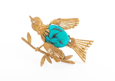 14K Yellow Gold Turquoise Diamond Bird Brooch