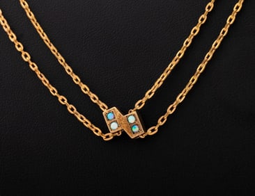 Gold Plated Long Guard Watch Chain Opal Slide