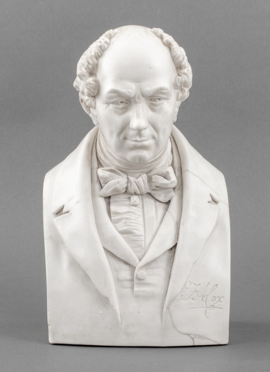 After Joseph Pitts Parian Bust of F.A. Cox, 1854: After Joseph Pitts (English, active 1830-1870) Parian Ware Bust of Francis Augustus Cox (English, 1783 - 1853), signed "Jos.h Pitts, SC / London / 1854" to left side, and inscribed "F.A. Cox" to front