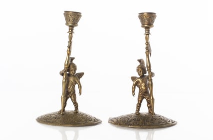 Bronze Allegorical Figure Candlesticks, Pair
