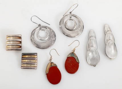 Robert Lee Morris Studio Sterling Earrings, 4: Group of Four Pairs of Robert Lee Morris Studio Sterling Silver Earrings, comprising: one pair of articulated earclips, marked "ROBERT LEE MORRIS" to clips, one pair of drop earrings with red chalcedo