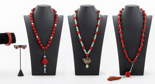 Chinese Carved Cinnabar Jewelry, 5 Pieces
