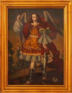 Cuzco School Style Archangel Raphael Oil on Panel: Cuzco School Style, Archangel Raphael, Oil on Panel, giltwood frame. Image: 22" H x 16" W; frame: 27" H x 21" W. Provenance: From a Brooklyn Estate. Keywords: Painting, Figural, Angel, Peruvian, Catho
