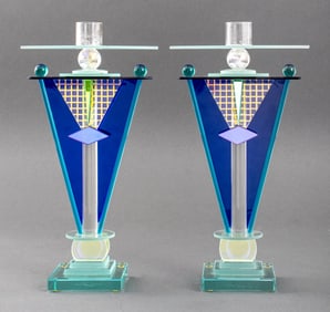 Memphis Style Glass Candlesticks, Pair