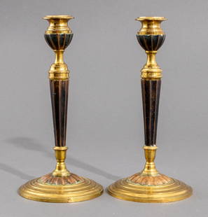 Otto Meyer Bronze Copper Brass Candlesticks, Pair: Pair of Otto Meyer Bronze, Copper, and Brass Candlesticks, Stockholm, Sweden, circa 1910, struck "OTTO MEYER" to undersides. 9.5" H x 4.5" Diameter. Provenance: Property from the 5th Avenue residence