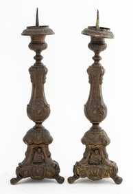 Baroque Revival Repousse Brass Candle Prickets, 2