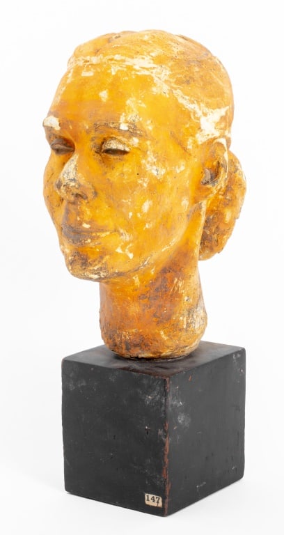 Paula Meizner "Untitled #24" Plaster Sculpture: Paula Meizner (American, born Poland, 1904-1990) "Untitled #24" Modernist Plaster Sculpture, depicting a female bust. 18" H x 7" W x 10" D. Provenance: From the estate of the Paula Meizner. Note: The 