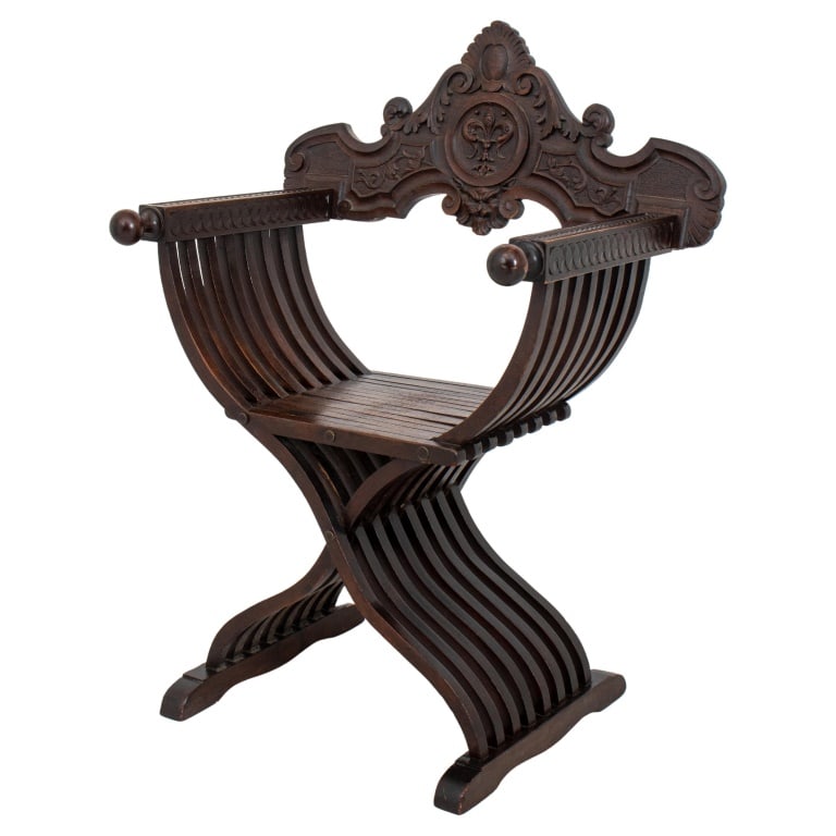 Italian Carved Walnut Savonarola Armchair, 19th C. (1 of 8)