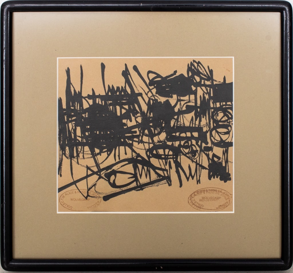 Theo Wolvecamp Abstraction Ink on Paper: Theo Wilhelm Wolvecamp (Dutch, 1925-1992), Abstraction, Double-Sided Ink on Paper, stamped "Wolvecamp / Collective Alice & Hans de Jong Ascona" lower right, ebonized wood frame. Image: 7" H x 6.5" W;