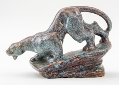 Crouching Panther Glazed Ceramic Sculpture