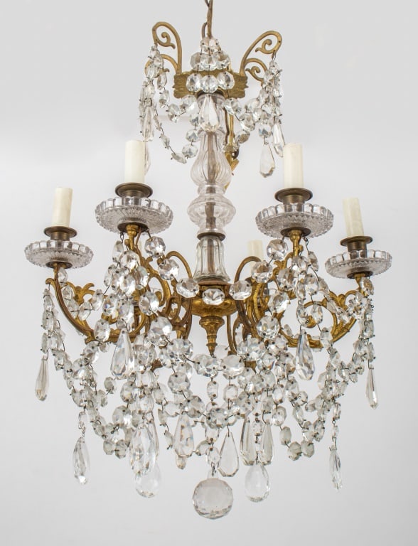 Louis XVI Style Six-Light Princess Chandelier: Louis XVI Style Gilt Metal and Cut Glass Six-Light Princess Chandelier, with scroll-form arms and faceted glass swags motif. 24" H x 16" Diameter. Provenance: From a New York City Collection. Keywords