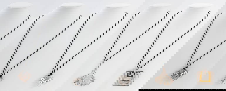 Robert Lee Morris Studio Silver Necklaces, 5: Group of Five Robert Lee Morris Studio Silver Necklaces, comprising: one ginko leaf pendant necklace, struck "925 CHINA RLM STUDIO", one square mixed metal sterling and brass pendant signed and marked
