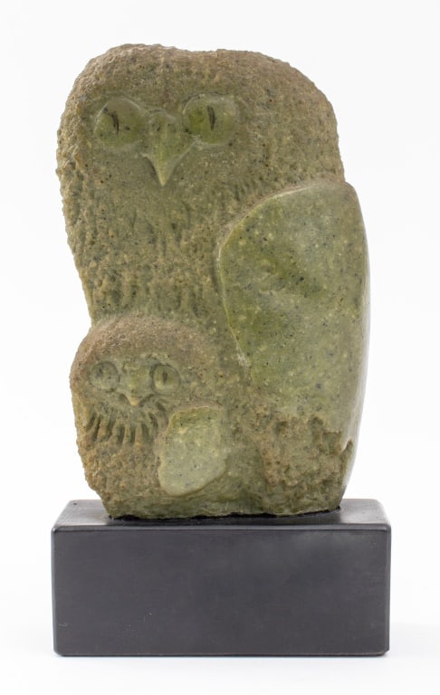 Frank Eliscu Owl Mother and Chick Sculpture: Frank Eliscu (American, 1912-1996) Owl Mother and Chick Modernist Sculpture, cast in olive green polymer, the rear with signature"FE" within a square and copyright symbol, the base incised "Eliscu" re