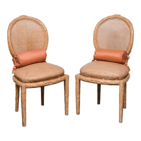Cane Paneled Back Faux Bois Side Chairs, Pair