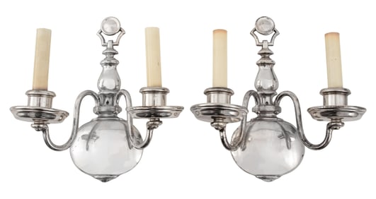 Hollywood Regency Chromed Brass Sconces, Pair