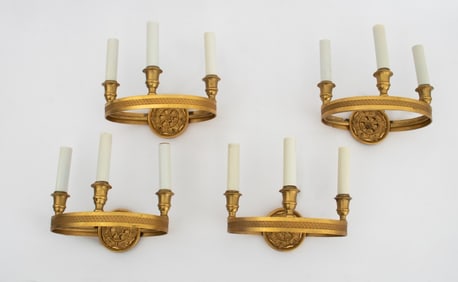 French Empire Revival Brass Three-Light Sconces, 4