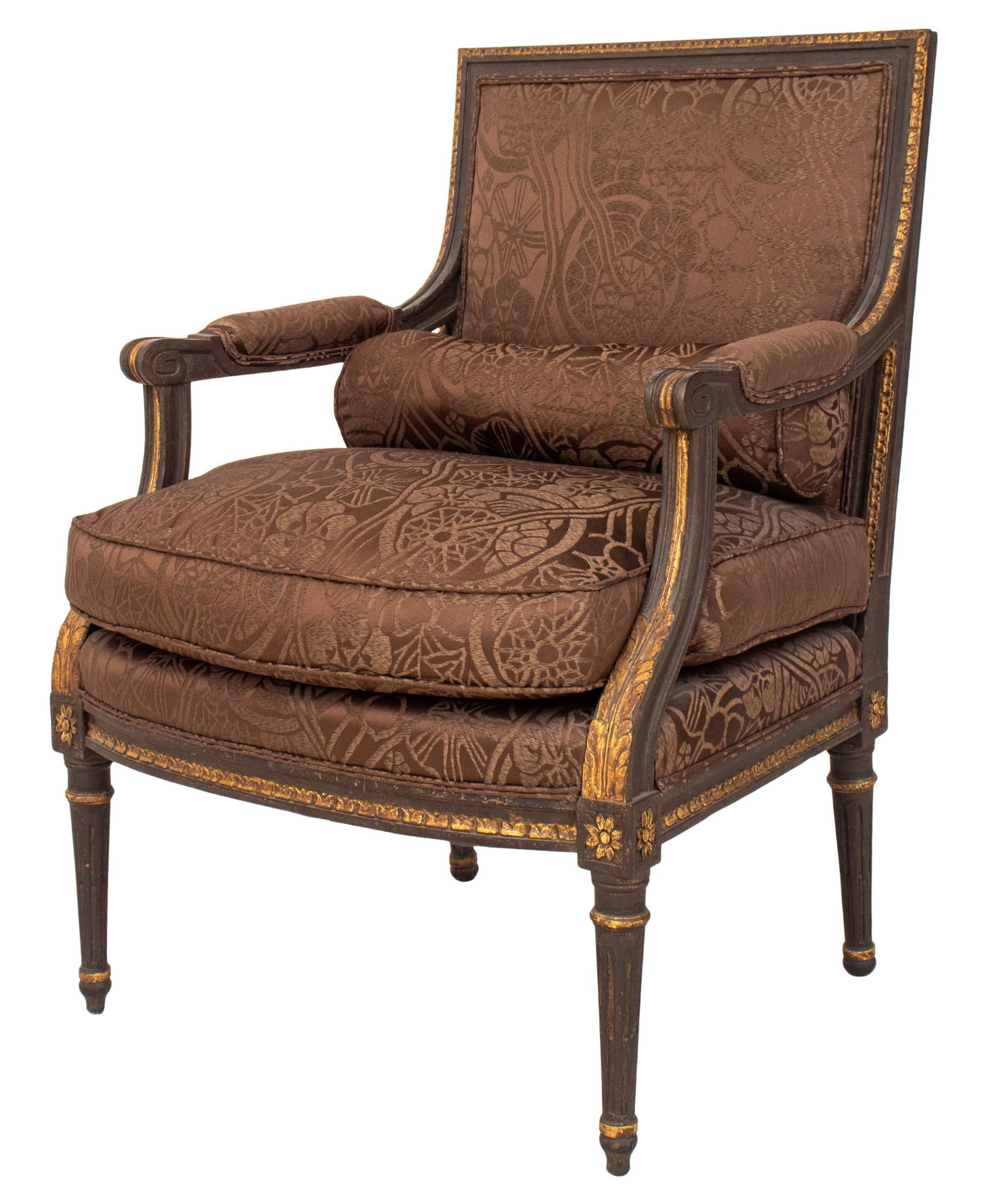 Louis XVI Style Giltwood Fauteuil: Louis XVI Style Giltwood Fauteuil, covered in brown silk brocade with geometric floral pattern. 34.5" H x 26" W x 20.5" D; seat: 18" H. Provenance: From a Central Park South Collection. Keywords: Armc