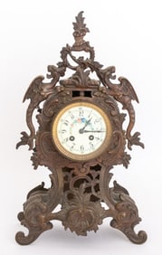 Rococo Style Patinated Gilt Metal Mantel Clock