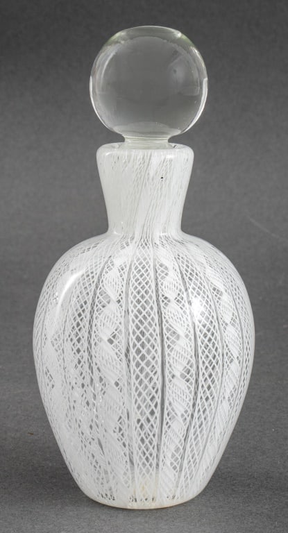 Murano Glass Latticino Perfume Flacon, 1960s: Italian Murano White and Colorless Latticino Glass Perfume Flacon, 1960s, the spherical stopper and wand above an ovoid body wrought in white Latticino glass, original "Made in / Murano / Italy" label