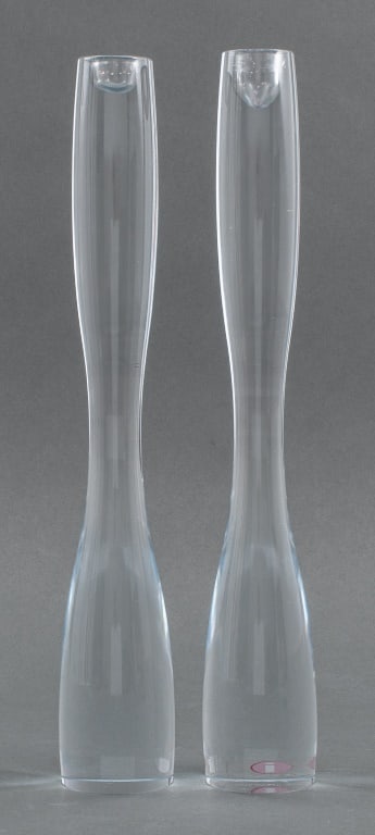 Timo Scarpaneva "Marcel" Glass Candlesticks, Pair: Pair of Timo Sarpaneva for Iitala Finland "Marcel" Art Glass Candlesticks, of elongated linear form, each with a red and white iitala label to the base, the undersides etched "T.S. 203 /1995" and "TS