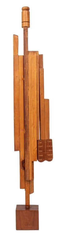 Paula Meizner "Untitled #16" Wood Sculpture: Paula Meizner (American, born Poland, 1904-1990) "Untitled #16" Wood Sculpture, with carved and turned wood details. 39" H x 7" W x 3" D. Provenance: From the estate of Paula Meizner. Note: The award-