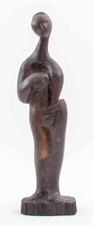 Surrealist Standing Venus Wood Sculpture, 20th C.: Surrealist Standing Venus Carved Wood Sculpture, 20th century, depicting a woman in contrapposto pose, apparently unsigned. 17.5" H x 5" W x 3.5" D. Provenance: From a Manhattan Collector. Keywords: H