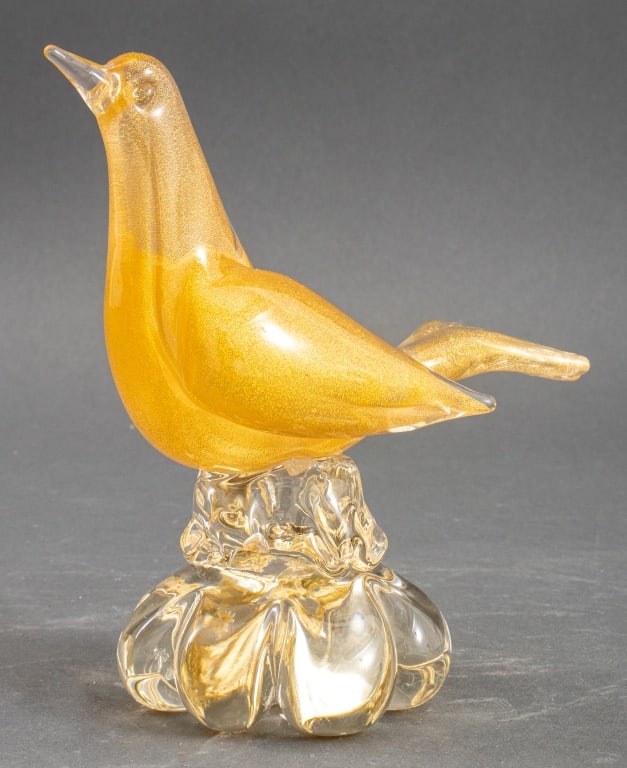 Murano Gold-Flecked Colorless Glass Bird Sculpture: Murano Gold-Flecked and Colorless Glass Bird Sculpture, circa 1965. 6.5" H x 6" W x 3.5" D. Provenance: From a Carlton House (21 East 61st Street) estate. Keywords: Art Glass, Studio Glass, Hand-blown
