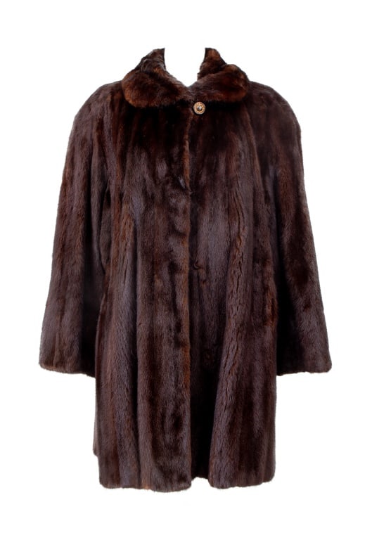 Kurt Eisen Mink Fur Coat: Kurt Eisen Mink Fur Coat, with brown paisley silk linking, embroidered "Elinor Cresney" to interior right side, with "Furs by Kurt / Brooklyn N.Y." label. Overall length: 36"; Shoulders: 20.5"; Bust: