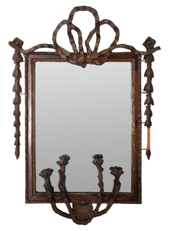 Neoclassical Giltwood Mirrored Girandole, 19th C.: Neoclassical Giltwood Mirrored Girandole,19th century, with four-arms, ribbon, garland, and shell design. Overall: 28.5" H x 20" W x 3" D. Provenance: From a Central Park South Estate. Keywords: Looki