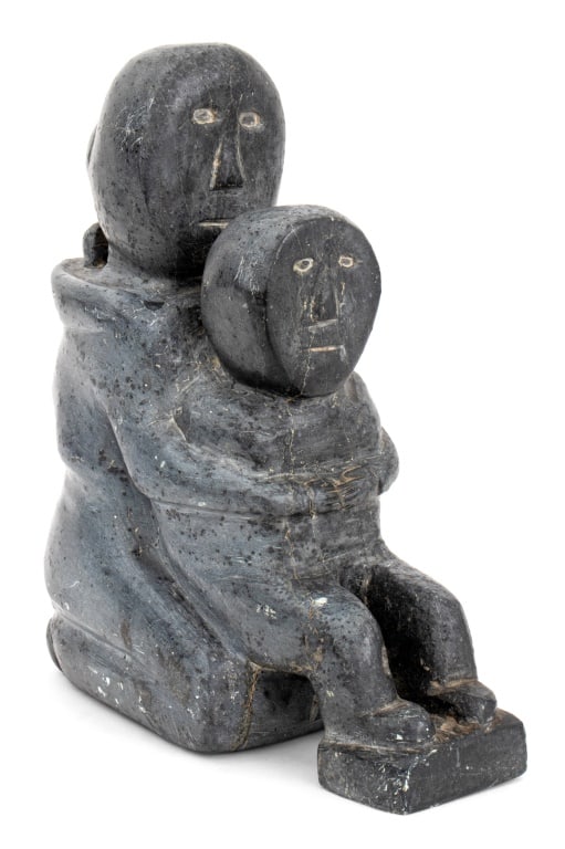 Theresa Alunak Angmak Maternal Stone Sculpture: Theresa Alunak Angmak (Arviat, b. 1926) Mother and Children Carved Stone Sculpture, signed "E1-530" to back of head, with "Canadian / Eskimo Art" label to underside. 11" H x 9.5" W x 3.75" D. Provenan