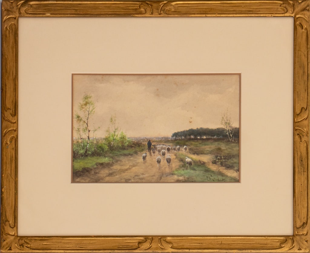 Cornelius Westerbeek Drover & Sheep Watercolor: Cornelius Westerbeek (Dutch, 1844-1903), Drover and His Sheep, Watercolor on Paper, 19th century, signed to lower right, giltwood frame. Image: 6.5" H x 10.25" W; frame: 15" H x 18.75" W. Provenance: 
