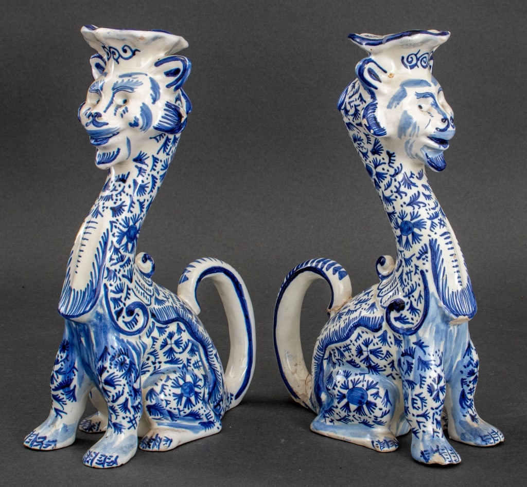 Delft Style Blue & White Lion Candlesticks, Pair (1 of 9)