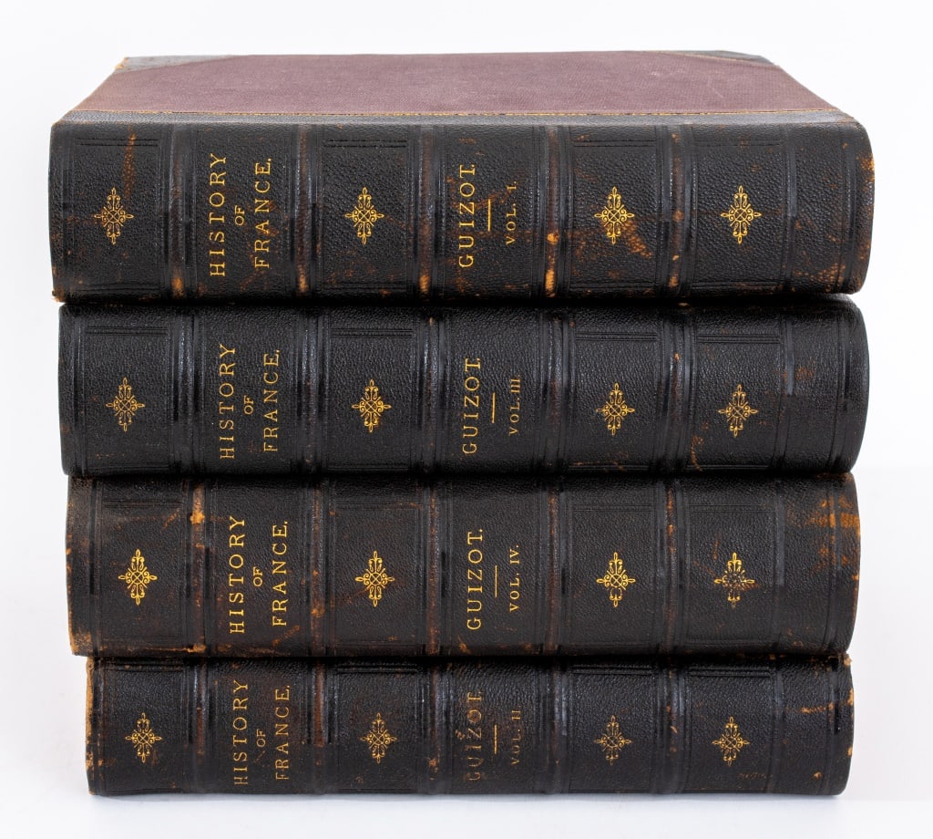 Guizot "A Popular History of France...", 4 Vols.: "A Popular History of France: From the Earliest Times", Guizot, Boston: Estes & Lauriat, Volumes I-IV, 1890. 10" L x 7.5" W. Provenance: From an Upper West Side estate located at the Ansonia. Keywords