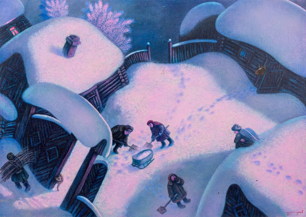 Igor Shaimardanov "Shoveling Snow" Oil on Canvas