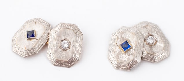 Art Deco Platinum 14K Diamond Sapphire Cufflinks