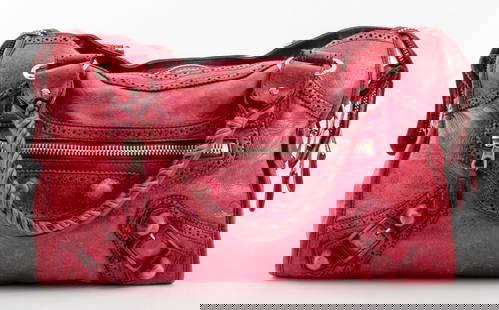 Balenciaga "City Motorcycle" Red Leather Handbag: Balenciaga "City Motorcycle" Red Lambskin Leather Handbag, with two top handles and detachable strap, silver-tone metal hardware and double zipper opening to reveal interior with zipper pocket and mat