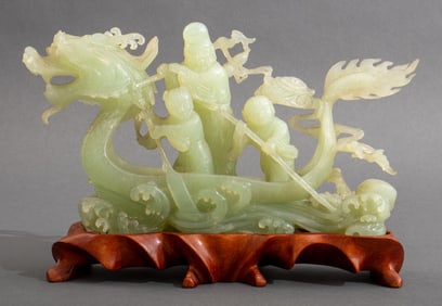 Chinese Shoulao Dragon Boat Greenstone Sculpture