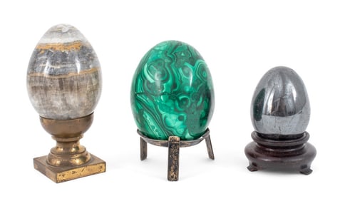 Carved Mineral Specimen Eggs on Stands, 3