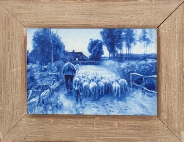 After Anton Mauve Pastoral Scene Delft Blue Tile
