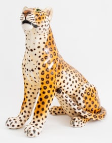 Modern Seated Cheetah Glazed Ceramic Sculpture