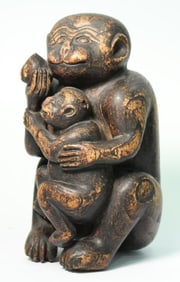 Folk Art Monkey & Peach Carved Wood Sculpture