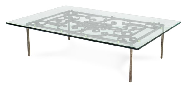 French Art Deco Glass-Topped Wrought Iron Table