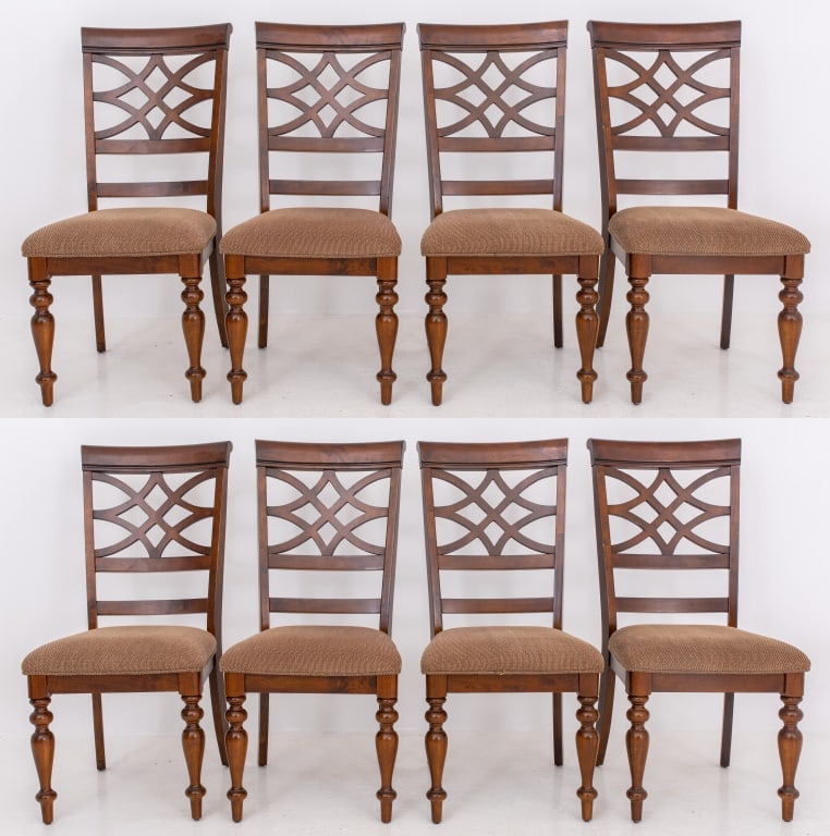 Modern Reticulated Dining Chairs, 8: Set of Eight Modern Reticulated Dining Chairs, with trelliswork backs and brown fabric covered seats on turned wood legs. 40.5" H x 19" W x 19" D; seat: 18" H. Provenance: From a New York City Collect