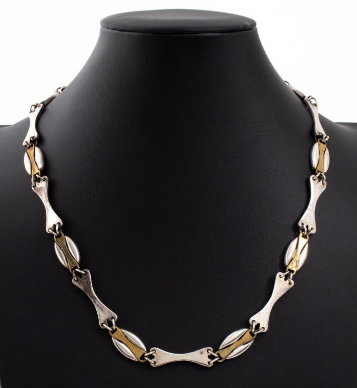 Vintage Taxco Mexican Silver & Brass Link Necklace (1 of 3)