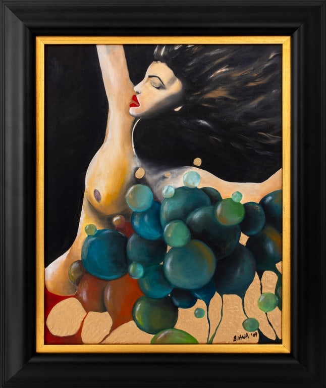 Biana Katsnelson Surrealist Nude Acrylic on Canvas: Biana Katsnelson (American, XX-XXI), Surrealist Nude Woman, Acrylic on Canvas, 2009, signed and dated lower right, ebonized wood frame. Image: 19.5" H x 15.5" W; frame: 25.75" H x 21.75" W. Provenance