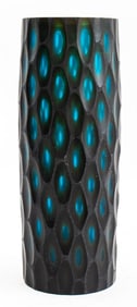 Modern Wheel-Cut Black & Teal Glass Vase