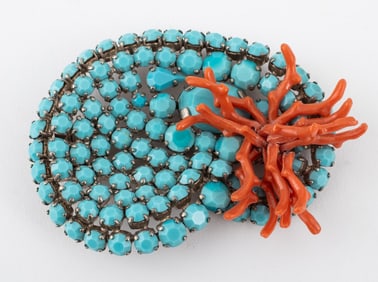 Roger Jean Pierre Attr. Faux Coral & Turquoise Pin
