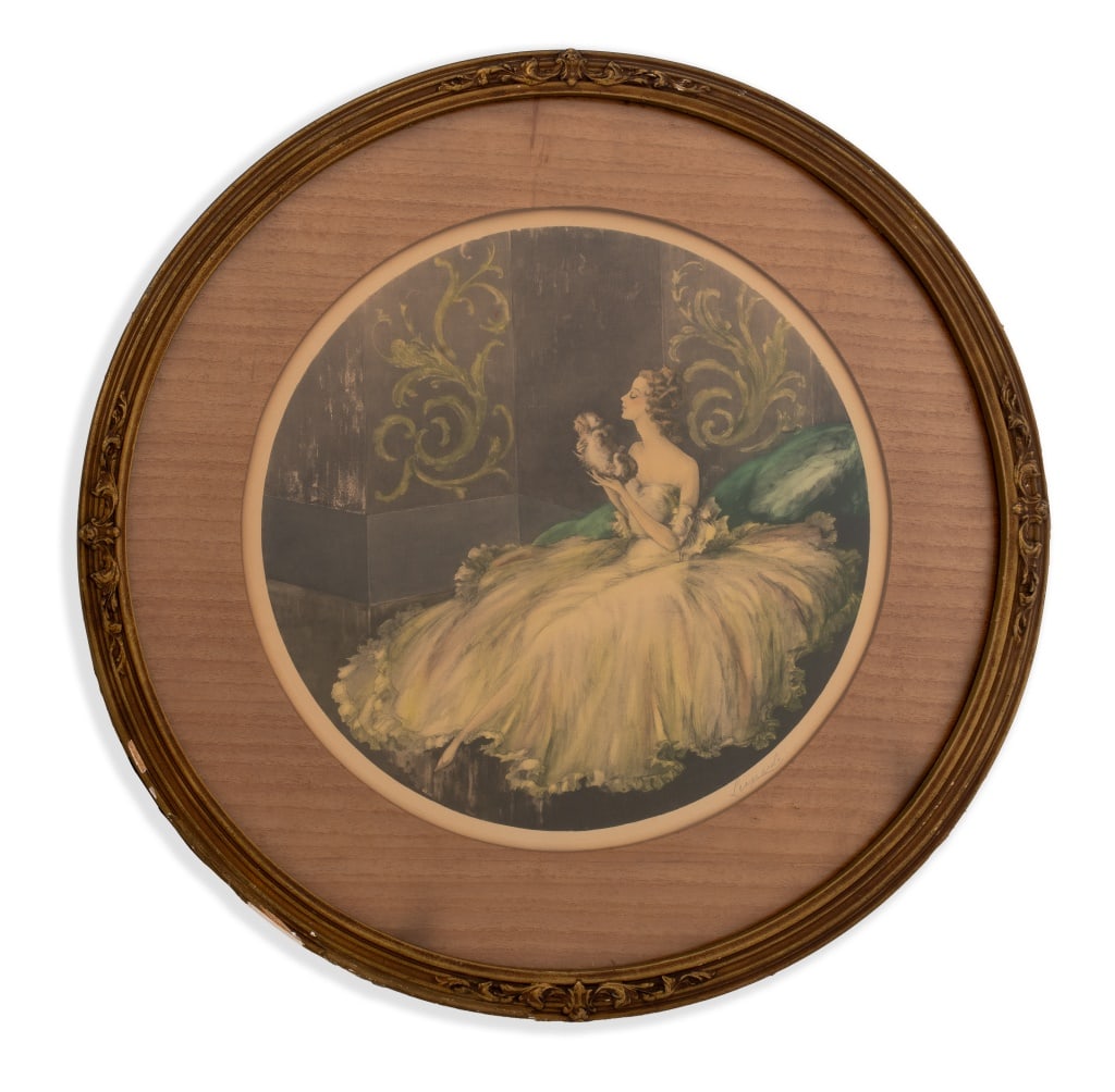 Leonardi Art Nouveau Woman & Puppy Etching: Leonardi (XX), Art Nouveau Woman and Puppy, Etching in Colors, signed in pencil lower right and marked "copyright E.J.S." in plate lower right, round giltwood frame. Image: 15" Diameter; frame: 23" Di