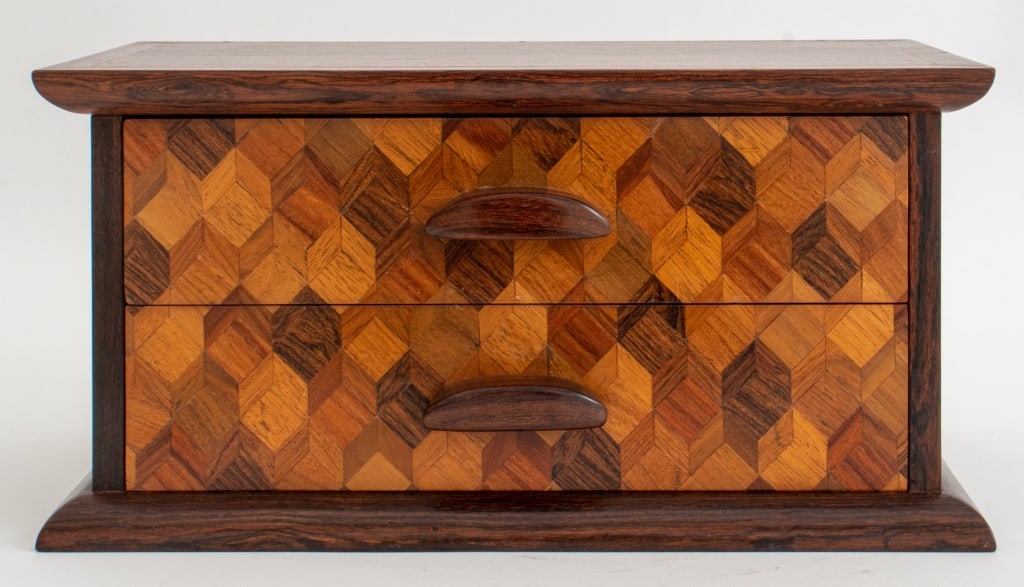 Wood Parquetry 2-Drawer Jewelry Box: Wood Parquetry Two-Drawer Jewelry Box. 7.5" H x 15" W x 8" D. Provenance: From a New York City Collection. Keywords: Table box, Geometric, Inlay, Trinket box, Dressing table accessories, Marquetry, In
